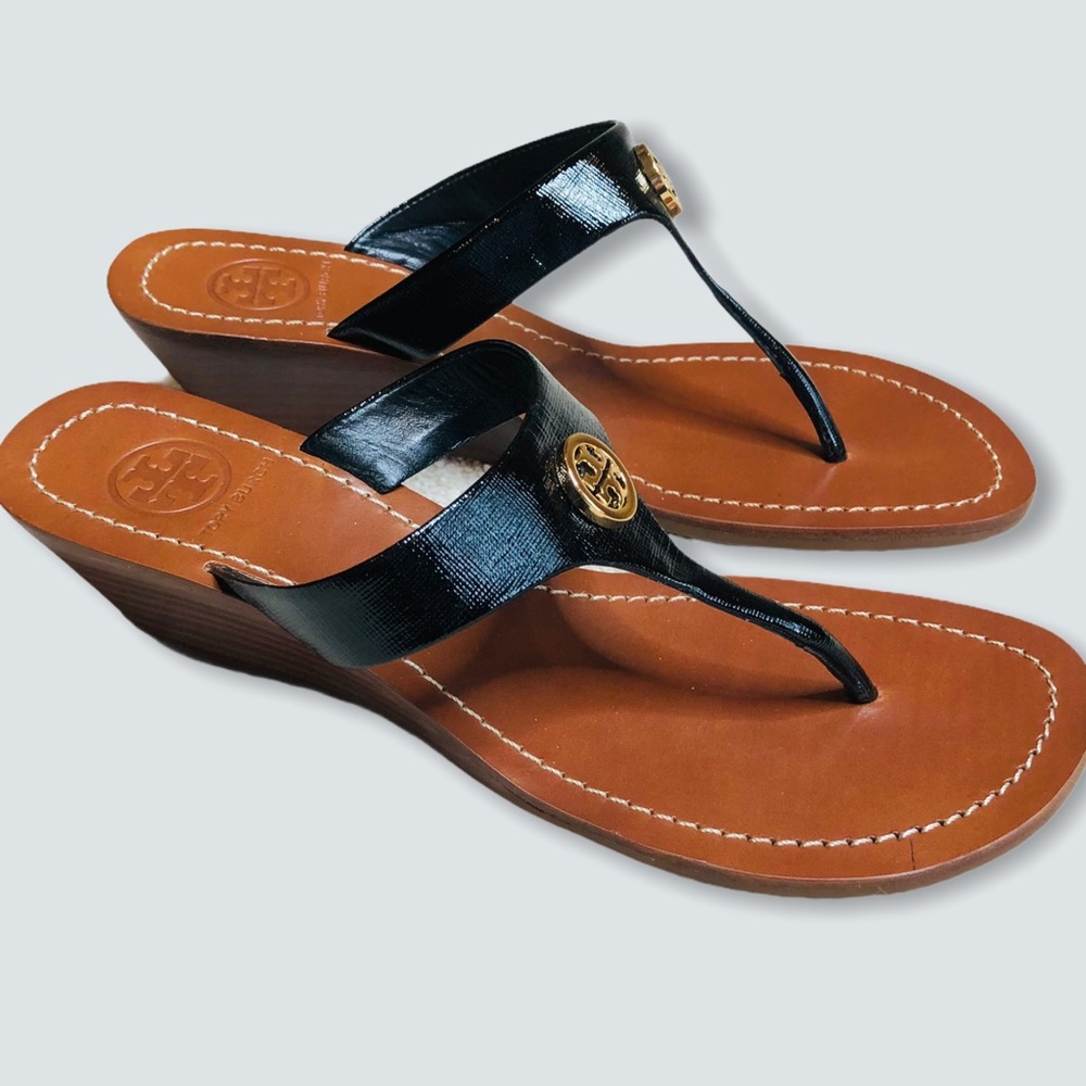 Tory Burch Cameron Black Thong Sandals Wedge